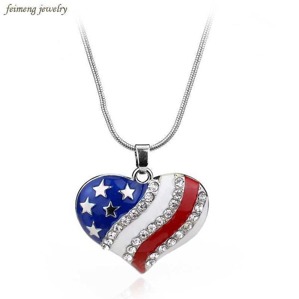 

pendant necklaces usa labor day american flag enamel blue red crystal rhinestone heart patriotic 4th of july independence day pendant neckla, Silver
