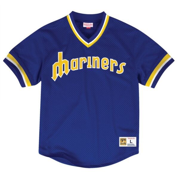 

mariners mitchell ness seattle cooperstown mesh batting v-neck baseball jersey blue white size s-4xl, Blue;black