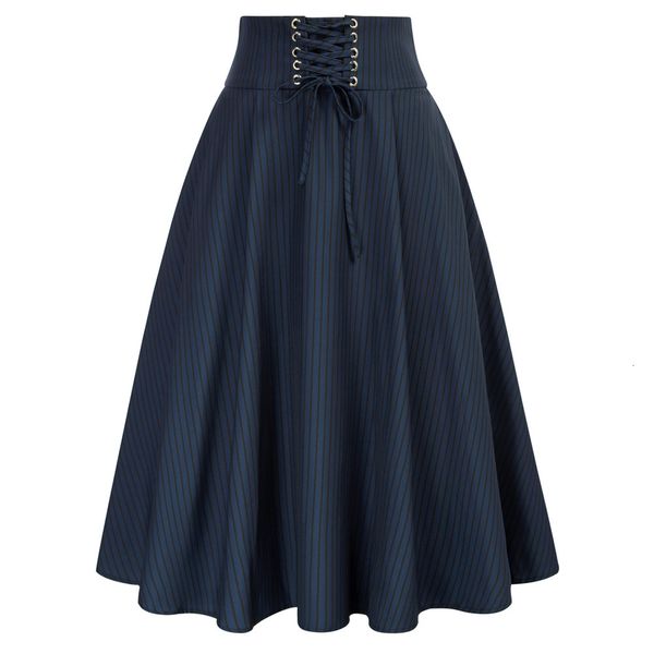 

skirts belle poque women vintage a line midi skirt high waist striped pleated skirt lace up gothic victorian skirt with pockets a30 230417, Black