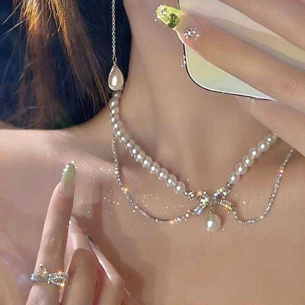 

pendant necklaces kpop irregular bow chain necklaces y2k zircon crystal beads tassel necklace aesthetic double chain choker necklaces jewelr, Silver