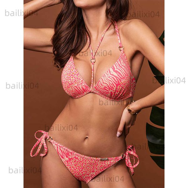 

women's swimwear pink leopord bikinis push up swimsuit women's swimwear halter bandage beach bathing suit shining biquini two piec, White;black