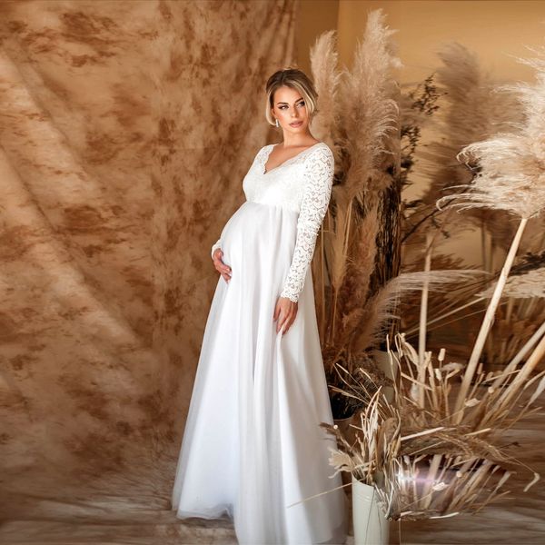 

maternity dresses baby shower dress for women pregnant woman maternity gown pregnant women v-neck long sleeve lace european and american whi, White