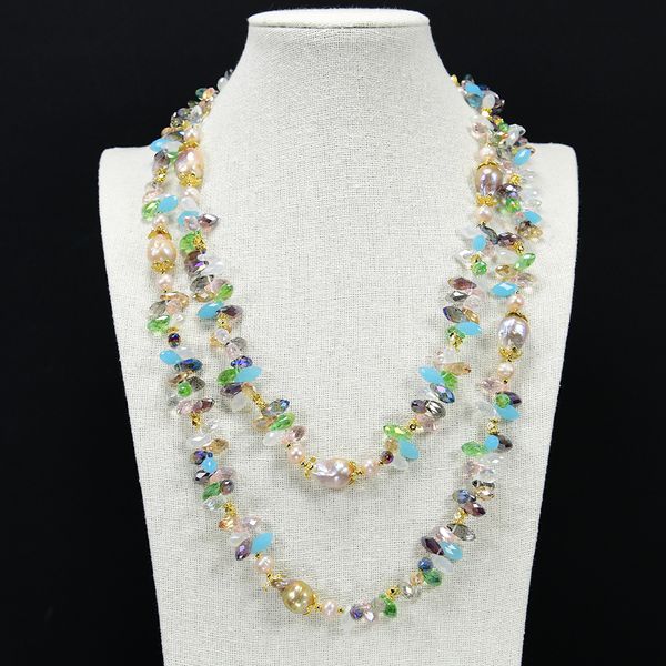 

beaded necklaces 50'' nucleated flameball purple keshi pearl drilled multi color teardrop crystal long necklace lady sweater chain, Silver