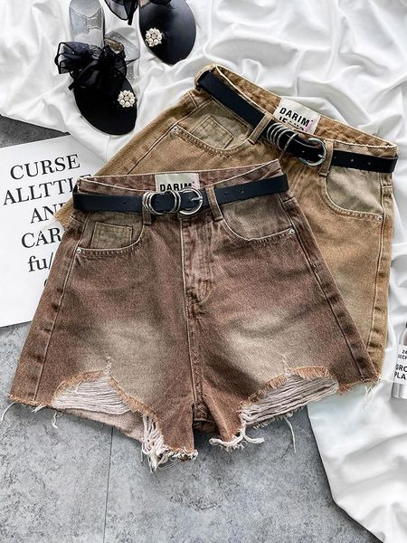 

jeans vintage denim shorts brown gradient denim shorts women's 2022 summer new high waist thin worn rough aline wide leg pants, Blue