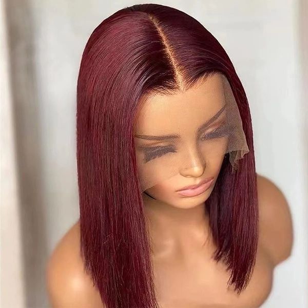 

99j burgundy short bob wig 13x4 lace front wigs for black women brazilian human hair transparent lace frontal wig pre plucked, Black;brown