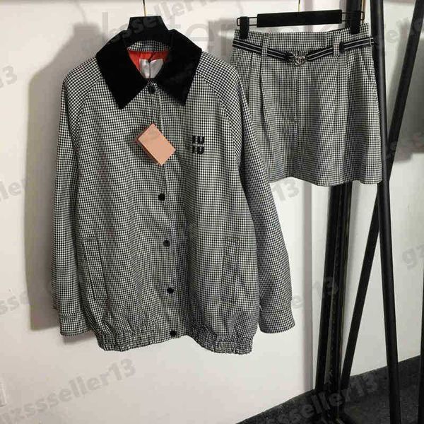 

two piece dress luxuriousfashion women dresses brand miu high-end luxury designer suit colorblock lapel wide plaid jacket lace-up skirt sets, White