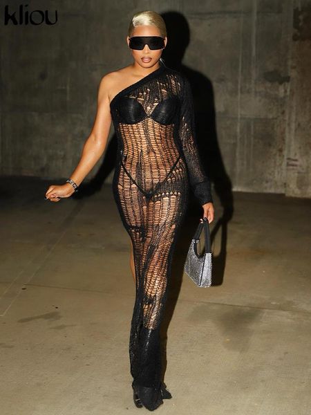 

dresses kliou knitting hollow out maxi dress women see through inclined shoulder long sleeve straight robe party clubwear vestido, Black;gray