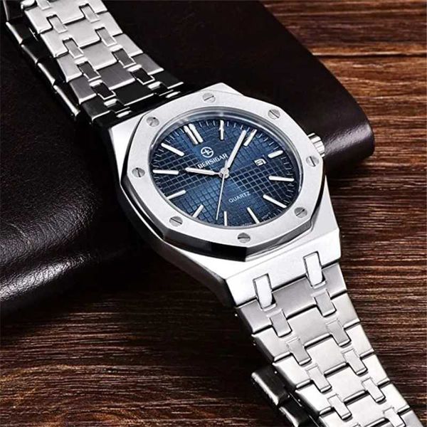 

bersigar fashion quartz watch stainless steel waterproof business sport men's watches luxury blue wristwatch relogio masculino, Slivery;black