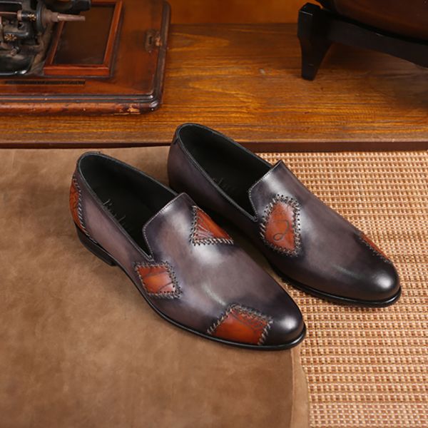 

berluti premium men's handmade leather shoes calf leather hand painted dual color matching suitable for business and leisure use, Red;white