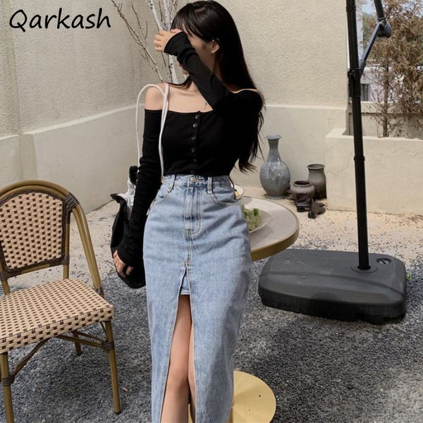 

skirts denim skirt slit aline design stylish korean style ladies solid high waist daily streetwear allmatch summer simple 230417, Black