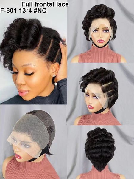 

short pixie cut human hair 13x4 lace frontal wigs glueless short bob wig pre plucked with natural hairline, Black;brown