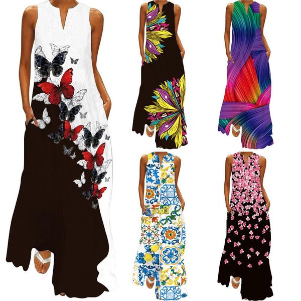

dresses woman new butterfly print white dress 2022 casual long dresses summer woman sleeveless girls beach maxi dress women vestidoss, Black;gray