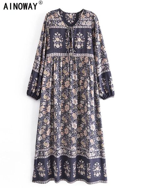 

dresses grey floral print vintage women vneck lantern sleeve tassel beach bohemian maxi dresses ladies rayon boho dress robe vestidos, Black;gray