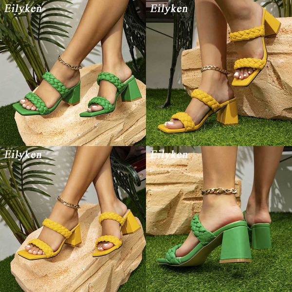 

sandals design summer weave women slippers square toe high heels sandal female leisure beach green flip flops shoes 230316, Black