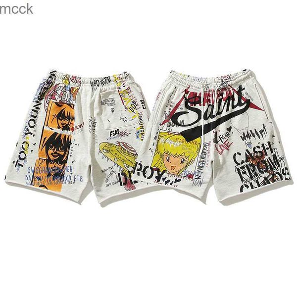 

men's shorts 2023 summer new hand-painted graffiti streetwear casual loose men's shorts straight patchwork loose oversize knee len, White;black