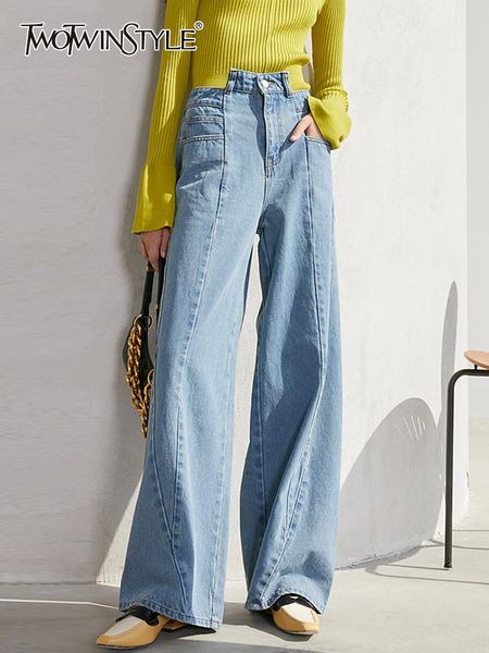 

jeans twotwinstyle casual irregular blue jeans for women high waist casual straight wide leg denim pants female fashion clothing 2022