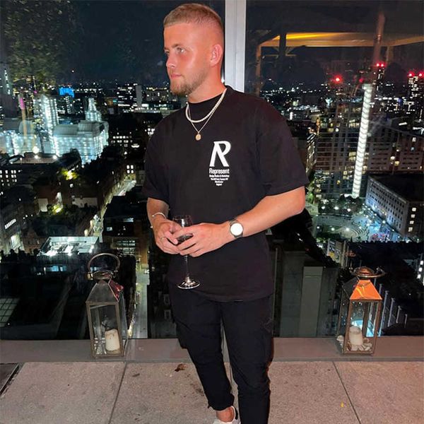 

2023 fashion men's and women's t shirts uk high street brand representative vintage large r letter print distressed trendy short s, White