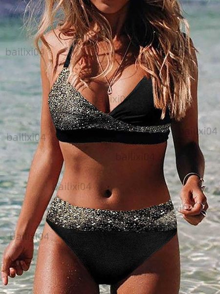 

women's swimwear glitter color block bikini set 2023 new designer two piece swimsuit halter tie bathing suit novelty summer beach swimw, White;black