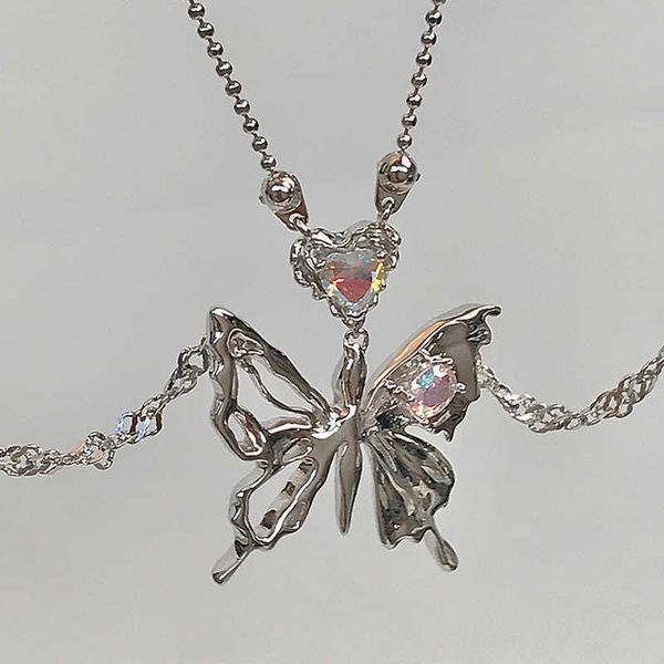 

pendant necklaces vintage y2k accessories aesthetic butterfly pendant necklace for women hip hop kpop double chain heart necklaces girls jew, Silver