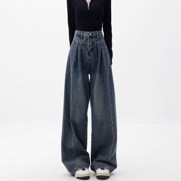 

women's jeans jeans womens retro washed high waist loose wide leg blue denim pants y2k fashion casual shrink thin mopping pants trouser
