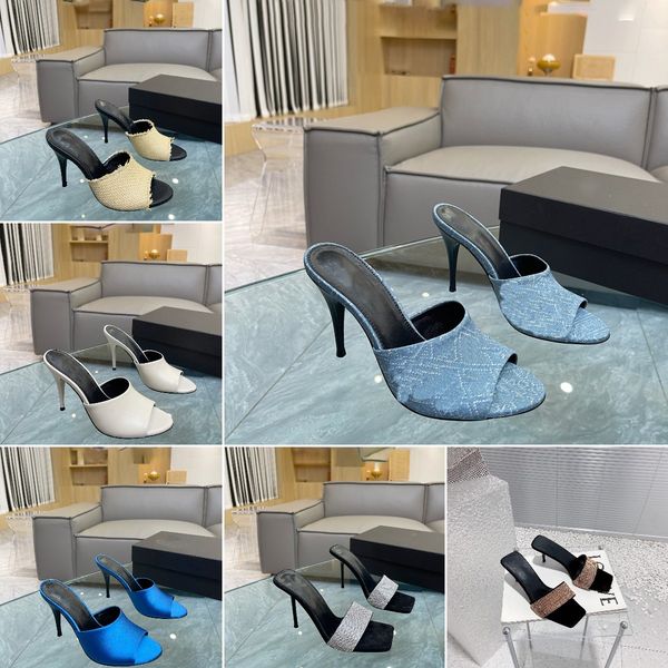 

designer heels la 16 denim slippers women satin silk slides mule sandals heel shoes luxury leather sandal size 35-41, Black