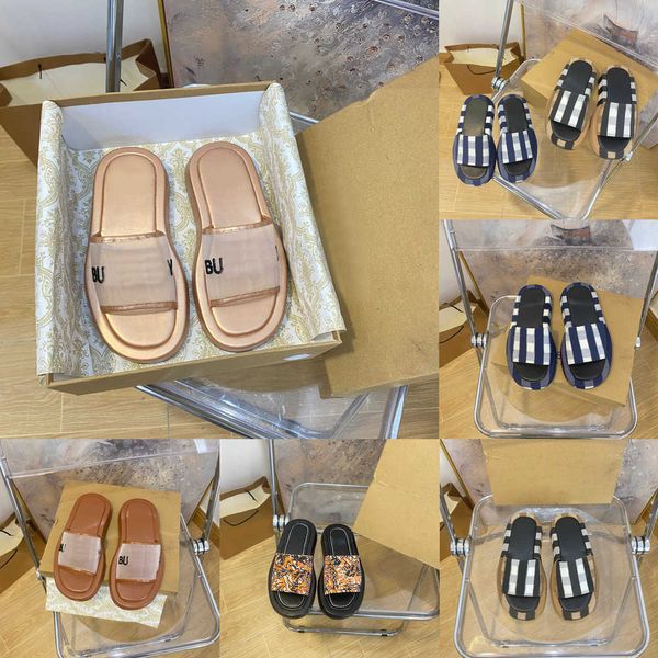 

2023 vintage plaid lattice stripe slippers women fashion letter bur slides luxury summer ladies flip flops flat rubber gear bottoms sandal b, Black