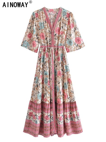 

dresses vintage chic women pink floral print vneck rayon beach bohemian maxi dress ladies v neck tassel summer boho dresses robe, Black;gray