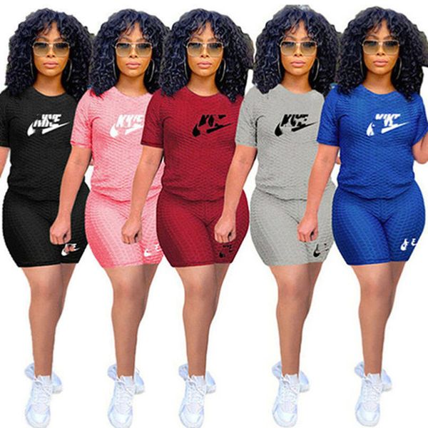

2023 brand women embroidery letter tracksuits short sleeve 2 piece sets t-shirts shorts summer crew neck jogging suit solid color outfits pu, Gray