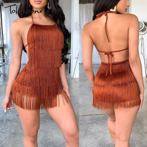 

dresses tobinoone tassel summer dresses female halter backless casual club mini dress fringe bandage bodycon party dress vestidos, Black;gray