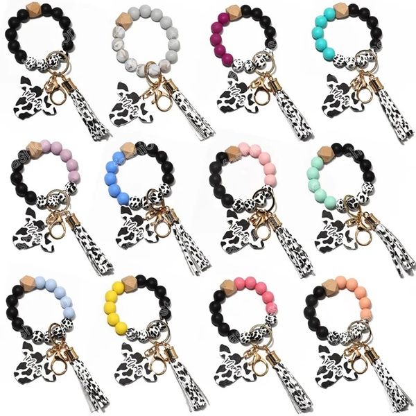 

cow keychains custom silicone beads leather tassel cute cow wood bull wooden bead bracelet silicone wristlet keychain with mom print, Silver