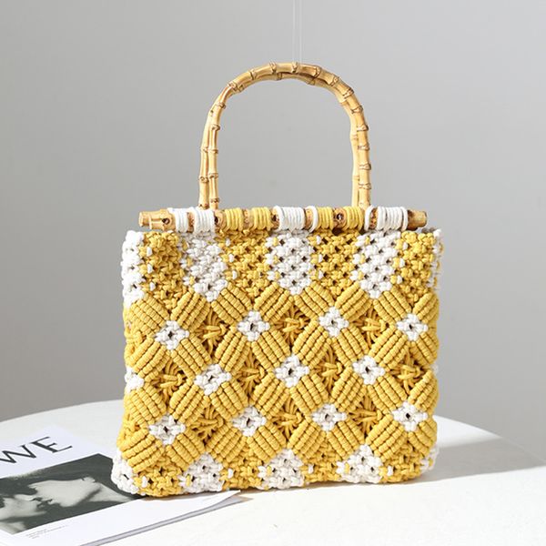 

evening bags summer cotton thread ringer hand braided bag fashion straw woven hollowed out hand bag bamboo handle female beach bags 230414