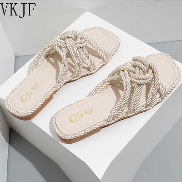 

slippers women slippers personality hemp rope upper design flat sandals women casual solid color square toe hollow flat heel woman shoes j23, Black