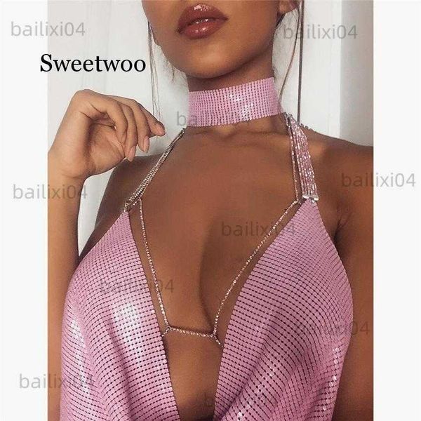 

women's tanks camis elegant metal crop summer club backless beach halter gold sequined party women tank camisole t230417, White