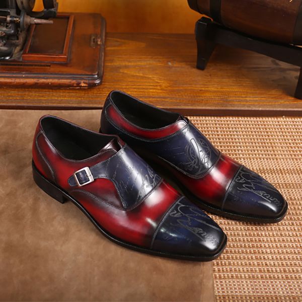 

berluti Men's classic Monk leather shoes, handmade and hand-painted in double color formal for business, Red