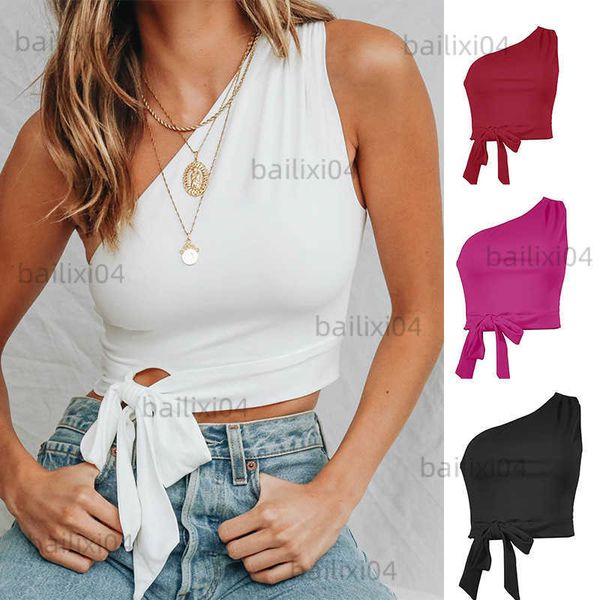 

women's tanks camis 2023 one shoulder summer club crop sleeveless women t shirt white black skinny lace up bandage tank casual t230417