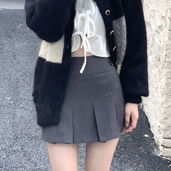

skirts houzhou korean fashion gray pleated skirt women vintage cute high waist mini kawaii preppy style summer streetwear 230417, Black