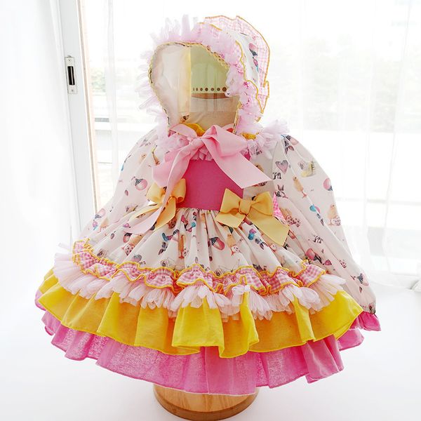 

girl's dresses 2pcs children spanish dresses baby girl lolita princess ball gown infant birthday dress with hat toddler spain vestidos, Red;yellow