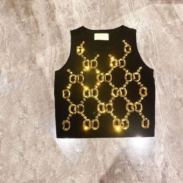 

2023 women's tanks ladies sweaters new summer black white sequin letter knitted vest women o-neck sleeveless short design pullover