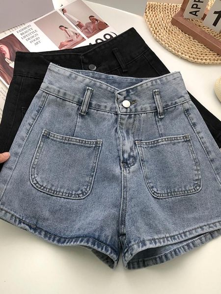 

jeans ftlzz new summer pockets denim shorts women casual high waist buttons jean short female fashion slim solid color wide leg short, Blue