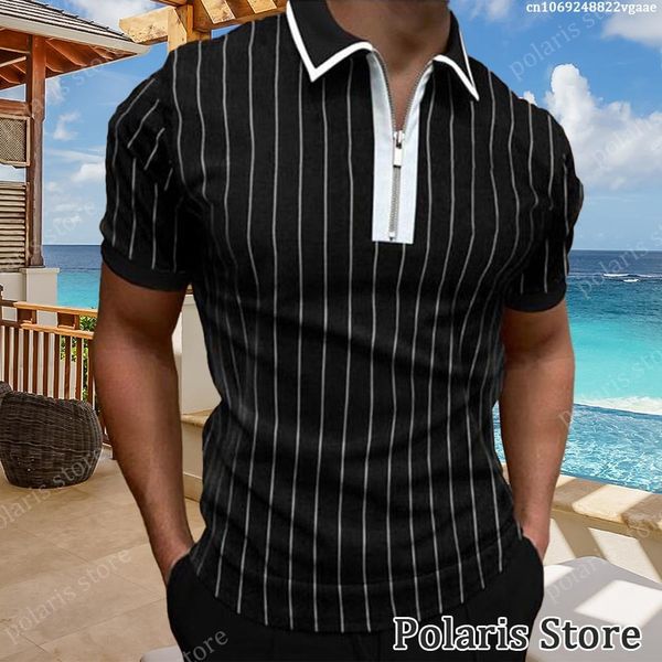 

men's polos black striped polo shirt men 230417, White;black