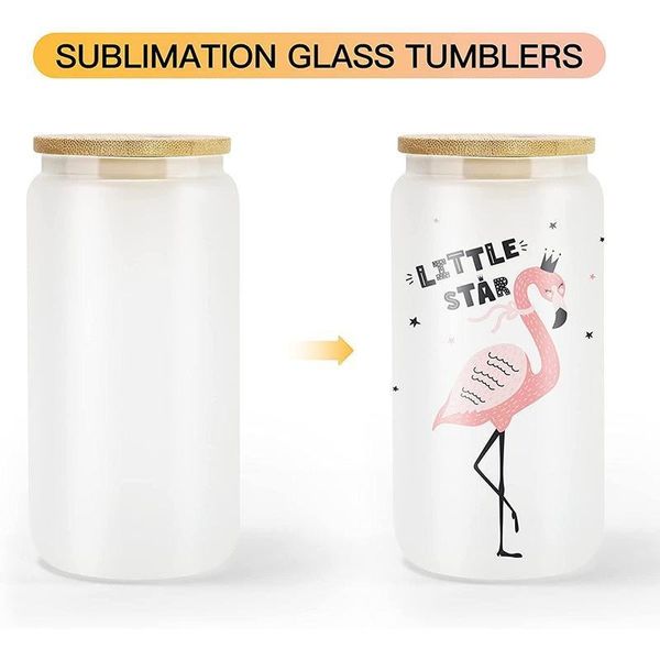 

12oz 16oz sublimation glass beer mugs with bamboo lid straw diy frosted clear drinking utensil coffee wine milk beer cola juice cold drinkwa