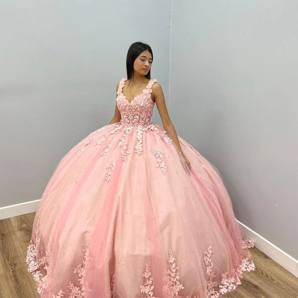 

pink v-neck ball gown quinceanera dresses 15 party birthday applique lace vestidos de debutante ballkleid hot, Blue;red
