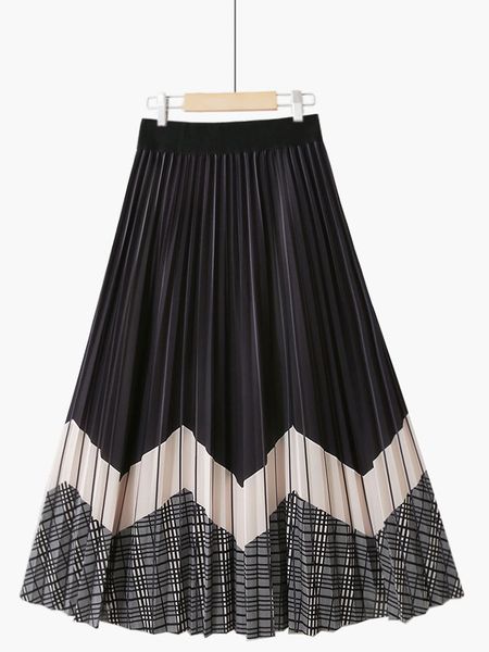 

skirts tigena contrast color print mid-length skirt women autumn vintage plaid a line high waist pleated midi long skirt female 230417, Black