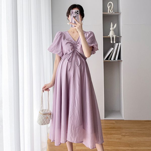 

maternity dresses carecode summer maternity dresses women french vintage loose puff sleeve elegant pleated pography dresses pregnancy clothe, White