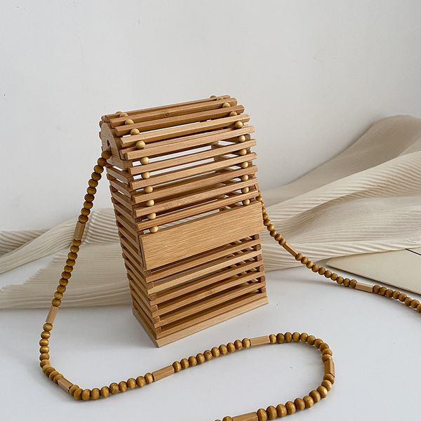 

evening bags fashion bamboo woven box women shoulder hollow wicker beading crossbody bag rattan summer beach small phone purse bali 230417