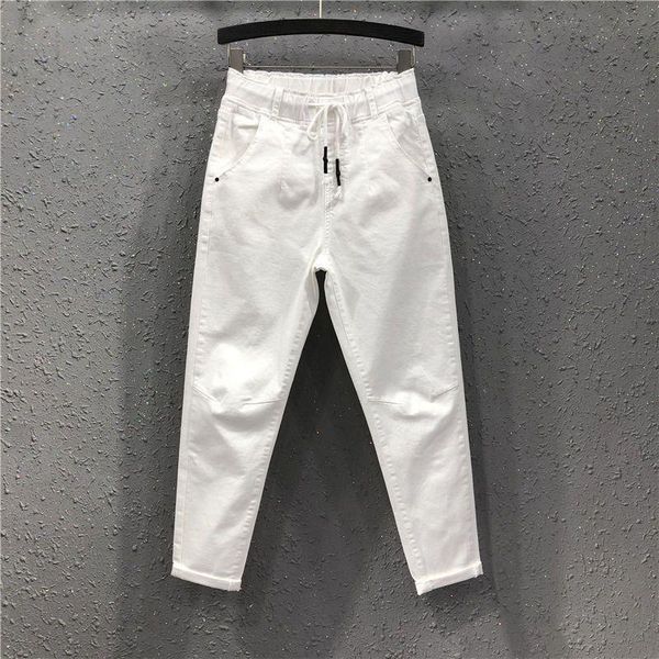 

jeans 2022 spring summer women white jeans pants elastic waist loose harem pants female casual anklelength cotton denim pants y461, Blue