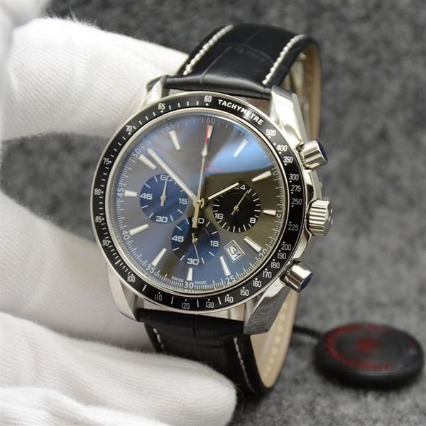 

44mm quartz chronograph date mens watches grey dial black leather band fixed bezel with a ring showing tachymeter markings264z, Slivery;brown