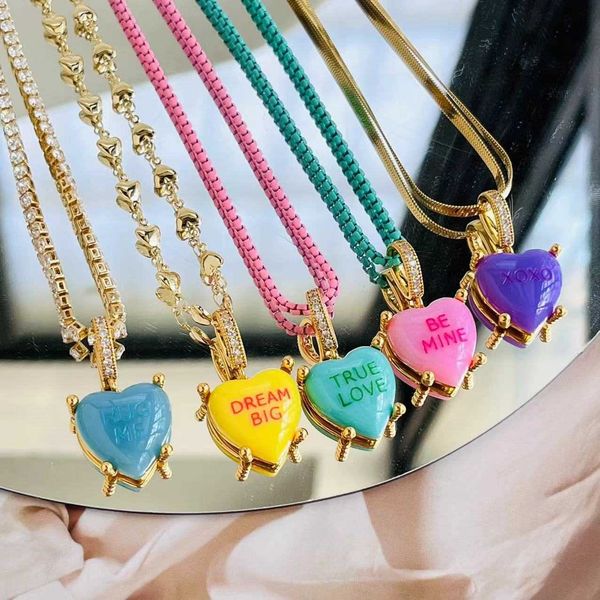 

pendant necklaces colorful heart pendant trendy english words resin love heart zircon charm clavicle chains necklace for women y2k fashion j, Silver