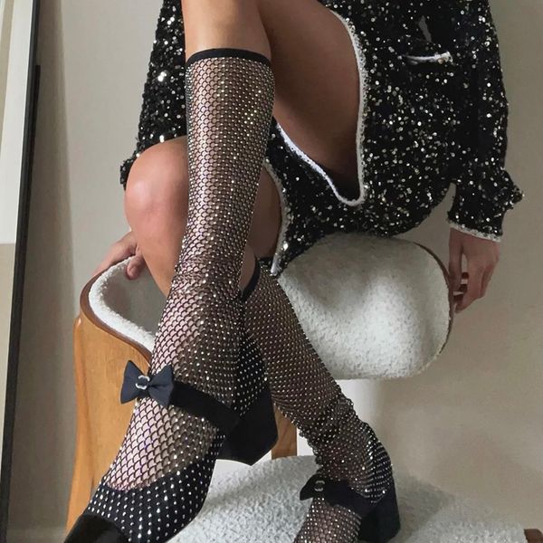 

womens high-heeled boots summer dress shoes mid-heel sandals 5.5cm/8.5cm tube boots 13.5cm 33cm rhine-drill fishnet hollowed out to show thi, Black