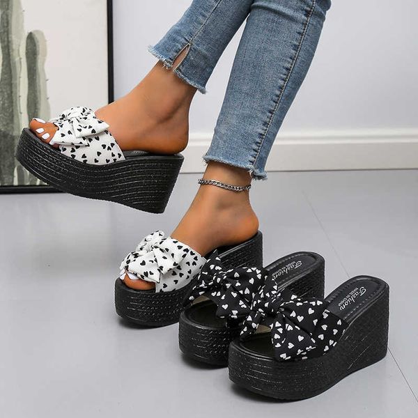 

slippers sandals women wedges platform high heels beac bow thick slides 2022 new summer pumps women shoes dress flip flops j230417, Black